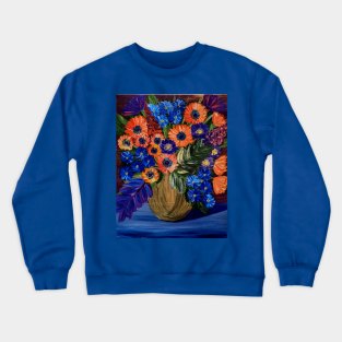 Bright and colorful abstract flowers in a bronze and purple vase Crewneck Sweatshirt